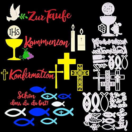Kommunion Stanzschablonen Set Konfirmation Kommunion Zur Taufe Schön dass du da bist Schriften und Fische Kreuz usw. Motive Stanzformen Schablone für Scrapbooking Handwerk DIY Grußkarten usw.