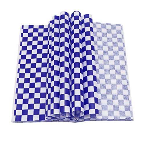 Käsepapier 100 Blatt Checkered Wachspapier für Lebensmittel, Pommestüten Papier Butterbrotpapier Deli Basket Liner Lebensmittelverpackung Papier für Sandwich Fast Food Snacks Brot Hamburger (Blau)