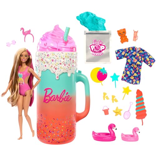 BARBIE Pop Reveal Rise & Surprise Geschenkset - über 15 Überraschungen, inklusive 1 Barbie-Puppe, Strandzubehör, für fruchtig-frechen Spielspaß, für Kinder ab 3 Jahren, HRK57