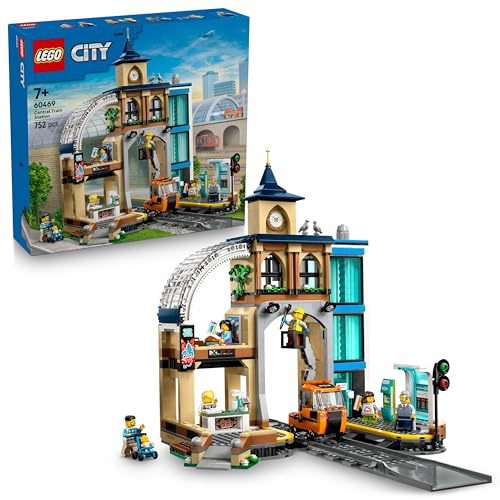 LEGO City Set Hauptbahnhof mit Spielzeug-Wartungsfahrzeug, Aufzug, Fahrkartenautomat, 2 Bahnsteigen und einem Gleisstück sowie 6 Mini-Figuren – Geschenk für Jungen und Mädchen ab 7 Jahren – 60469