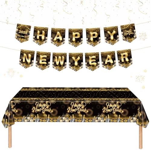 GreenYeah Tischdecke Silvester, Frohes Neues Jahr Tischdecken 2025, Happy New Year Banner, 2025 Neujahr Tischdecken, Schwarz und Gold Party Tischdecke für Rechteck Tisch 137 x 274cm (B)