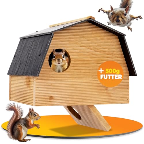 STAHLMANN® XXL Eichhörnchen Futterhaus [inkl. 500 g Eichhörnchenfutter] - Futterstelle zum Aufhängen [AUS WETTERFESTEM KIEFERNHOLZ] - Futterbox für Eichhörnchen und ihre Jungtiere