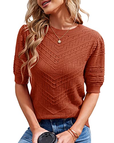 Runcati Damen Kurzarm Strickpullover Casual Rundhals Puffärmel Elegante Einfarbige Sweateshirt Pullover,Ziegelrot,L