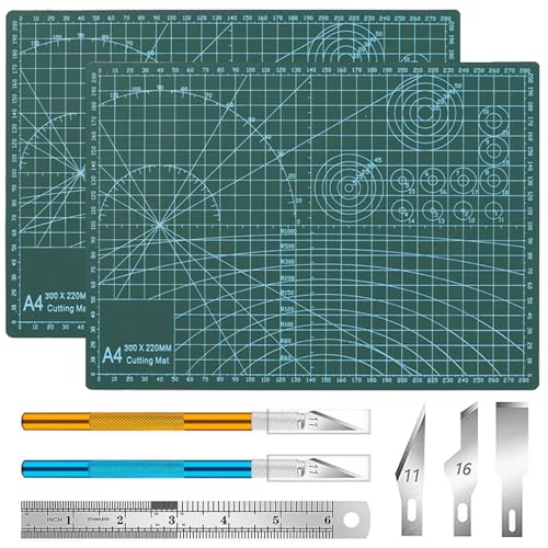 2 Stück A4 Schneidematte Set, Selbstheilende Bastelunterlage Schneideunterlage Cutting Mat mit 43stk Bastelmesser und Stahllineal für Basteln Zeichenunterlage Bastelskalpell(A4 30X22CM)