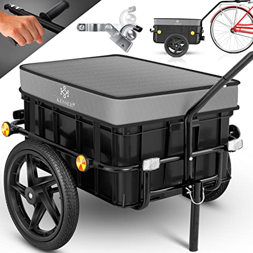 KESSER® Fahrradanhänger, Lastenanhänger, Handwagen mit Kupplung, Hochdeichsel, Transportanhänger Transportbox mit 70 Liter Volumen, Max. 60kg für Fahrräder mit 26'' - 28'', Grau