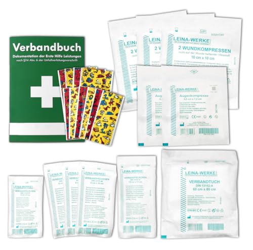 Austauschset Sterilteile -KITA- für Verbandkästen & Erste-Hilfe-Koffer DIN/EN 13157 für Betriebe PLUS Kinderpflaster-Set inkl. Verbandbuch