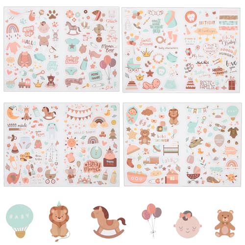 JIEYAO 204 Stück Sticker Babyalbum, 4 Blatt Baby Fotoalbum Sticker Kinder Fotoalbum Aufkleber für Mädchen und Junge DIY Baby Scrapbook Aufkleber für Fotoalbum Kalender Notizbuch Babyparty Deko