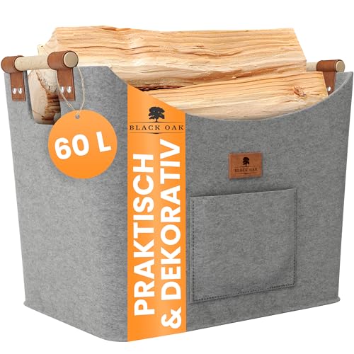 BLACK OAK Montana XL 60L Filzkorb & Holzkorb für Kaminholz - Leder Applikation + rutschfeste Griffe + Fronttasche extra groß - Filz Tasche Korb für Holz faltbar Transport & Aufbewahrung hellgrau