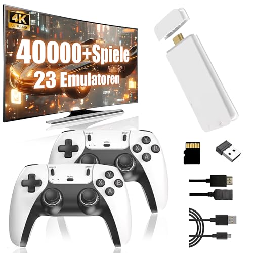 KINMRIS M15 Retro Konsole 4k, Tragbare Video Emulator Spielekonsole mit eingebauten 40000+ Klassische Spiele 23 Emulatoren, Plug and Play Spiel Stick für TV mit 2 x 2.4G Spiel Kontrolleure(128G)