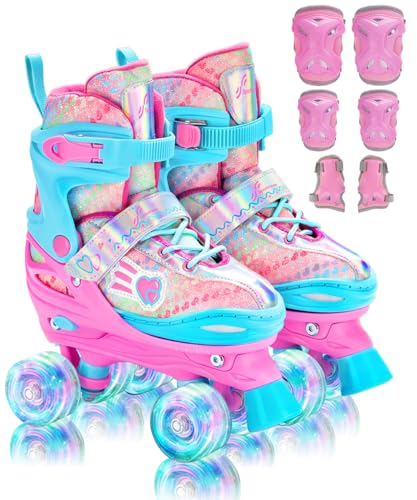 Rollschuhe Kinder Verstellbar Mädchen Rollerskates, Größe 26-37 Mit 6er Kinder Protektoren Set und Led Leuchtenden Rädern für Mädchen 1 Pair