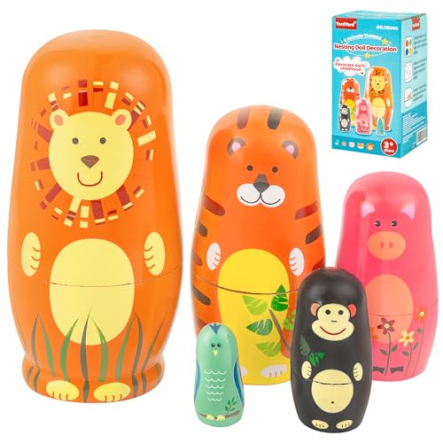 YardYard Russische Nistpuppen, Tiere Matroschkas Nistpuppen – niedliches Tier-Muster Löwe Tiger Schwein AFFE Birdie Matroschka, Spielzeug für Kinder Geschenk YE04A