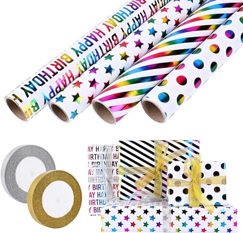 4 Rolle Geschenkpapier, Ambesty 43 x 300cm Geschenkpapier Geburtstag und 2 Rolle Band, Geschenkpapier Weihnachten, Geschenkverpackung Papier für Weihnachten, Kindertag, Valentinstag, Muttertag