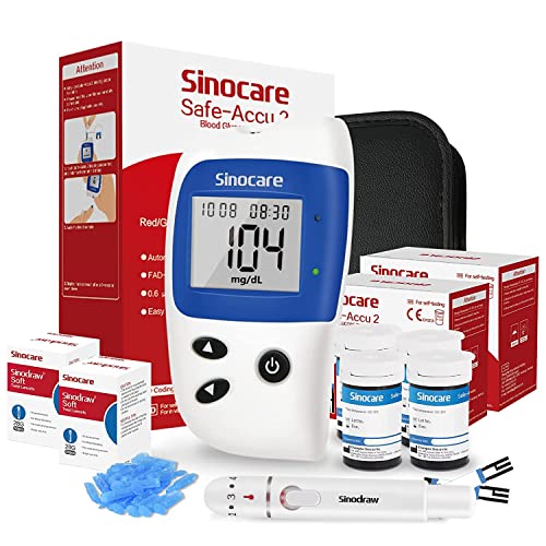 sinocare Blutzuckermessgerät, Diabetes Messgerät mit Blutzuckerteststreifen 100 und Blutlanzetten 100, Schmerzfrei Schnell Blutzucker-Alarm Lampe, mg/dL