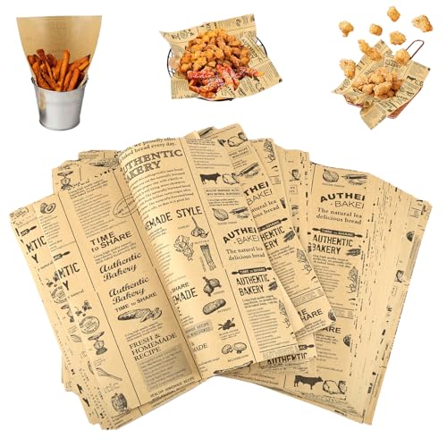 100 Blätter Backpapier Zeitungsoptik, Backpapier Zuschnitte 25 X 25 cm,Butterbrotpapier, Burger Papier, Käsepapier, Ölbeständiges Sicheres Deli Wrap Papier für Sandwiches, Pommes, Kuchen, Brot