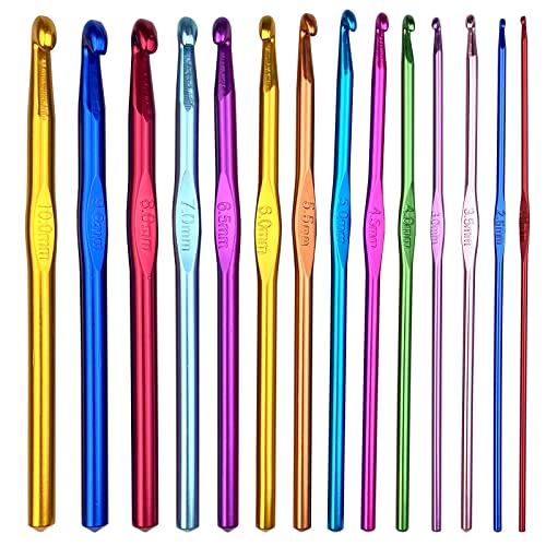 Gvolatee 14 Stück Häkelnadel Set Crochet Hooks Stricknadeln aus bunt Aluminium 14 Größen 2mm-10mm Stricken Werkzeuge Zubehör