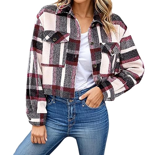 rtdgcv Hemdjacke Damen Kariert Modische Damen-Hemdjacke mit lässigem Karo-Knopf und Langen Ärmeln Damen Mantel Umstandsmode Arbeitsjacken & -Mäntel Oberteile Casual Langarm Top Outwear