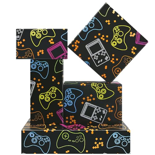 Gaming Geburtstags Geschenkpapier für Kinder, Jungen, Mädchen, Männer, 4 Blatt Geschenkpapier im Videospiel-Design, Neonlichter Gamer Geschenkpapier, 50 x 70 cm pro Blatt für Geburtstagsspielparty