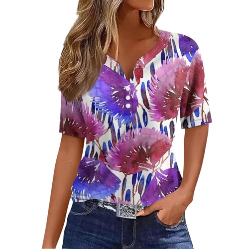 Hawaii Hemd T-Shirts Tactical Shirt V-Ausschnitt Blumen Bedruckt Blusenshirt Mit Knopfleiste Henley Shirt Locker Laufshirt Hemdbluse Festliche Oberteile Totenkopf Shirt Damen (Lila, 3XL)