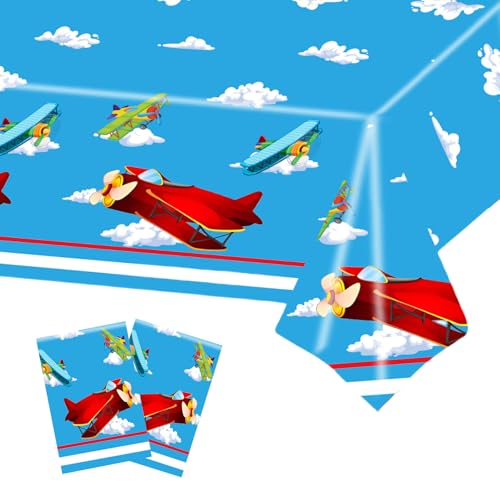 Tischdecke, Flugzeug-Geburtstagsparty, 137 x 274 cm, blauer Himmel, weiße Wolke, Kunststoff-Tischdecken, Flugzeug-Tischdecke für Kinder, Jungen, Mädchen, Geburtstag, Babyparty, Flugzeug, Partyzubehör