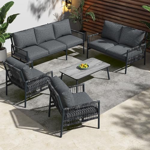 Gegtuon Gartenmöbel Sitzgruppe für 7 Personen, Rattan Lounge mit Sofa und Couchtisch, Möbel Outdoor mit Tisch und Sessel, Loungemöbel Gartenmöbel-Sets mit Sitzkissen Abnehmbar und Waschbar (Grau)