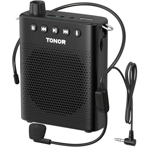 TONOR Sprachverstärker Tragbar, Wiederaufladbarer Mini Stimmverstärker mit Bluetooth Lautsprecher, Kabelgebundenem Mikrofon-Headset, PA-System für Trainer, Reiseführer, Tagungen, Fitness, K10