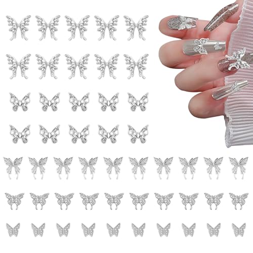 Abeillo 50 Stück Nail Charms, Schmetterling Dekoration für Nägel Silber Dekoration für Nägel, 3D Nägel Zubehör Schmetterling Nagel Charms DIY Nail Art Designs Schmuck Herstellung