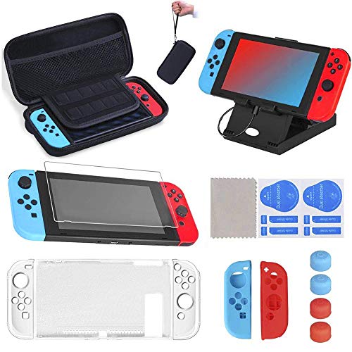 SUPERSUN 16 Stück Switch Tasche für Switch Tasche mit Hülle, Schutzfolie, 2er für Switch Joy Con, 4 Daumen Kappen Griff