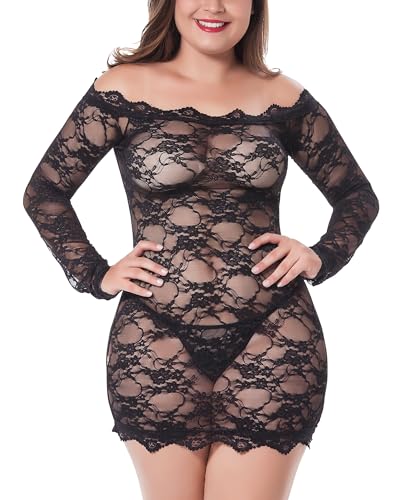 LINGERLOVE Sexy Spitze Negligee Grosse Grössen für Damen Babydoll Dessous Schulterloses Lingerie Nachtwäsche Spitzen-Kleid mit G-String S-4XL