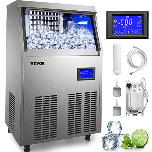 VEVOR Kommerzielle Eiswürfelbereiter, 60 kg/24 Stunden, Edelstahl-Eiswürfelbereiter mit 15 kg Lagerung, 220 V Eismaschine mit intelligenter LCD-Medienfeld, Wasserablaufpumpe für Bars, Restaurants usw.