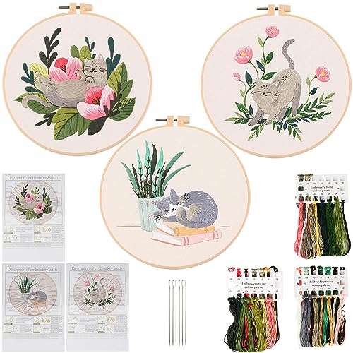 RVLZKCPG 3 Stück Stickerei Stickset für Anfänger DIY Sticken Set Erwachsene Kreuzstich Stickerei Set mit Muster und Anleitung Embroidery Starter Kit Katze Cross Stitch Kit Stickbilder Kreuzstich