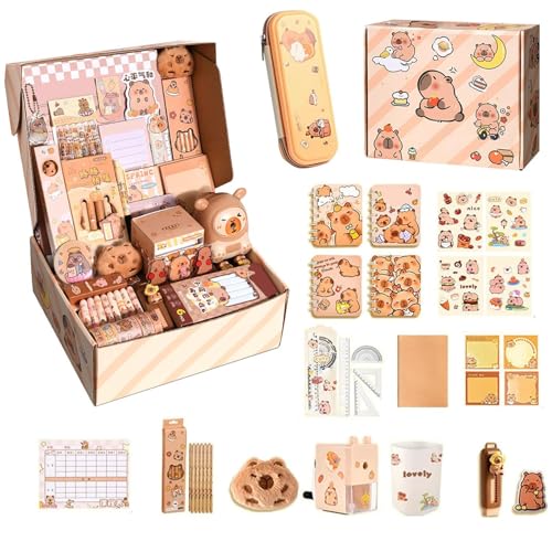 Capybara Stationery Set, Capybara -Bleistiftkoffer für Kinder, niedliche Capybara -Briefpapier mit Radiergummi, Kugelschreiber, Aufkleber, Schlüsselbund und mehr, breites Eröffnungsstiftorganisator
