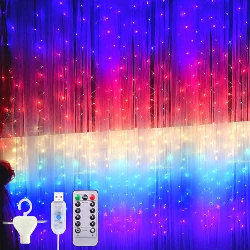 Vleuexe Lichtervorhang 3X 3m,300 LEDs USB LED Lichterkettenvorhang Bunt 8 Modi mit Fernbedienung,Timer IP44,String Light für Weihnachten Party,Innenbeleuchtung,Partydekoration