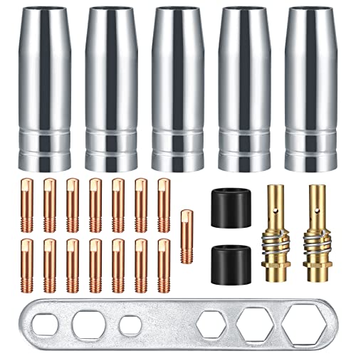 25 Stück Verschleißteile Set, Schutzgasschweißgerät Zubehör, Schweißzubehör passend AK-15/MB-15, 5 x Gasdüsen, 15 x Powerdüsen M6 0,8 mm, 2 x Düsenstiel, 2 x Isolatoren, 1 x Schraubenschlüssel