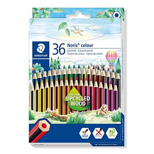 STAEDTLER Buntstifte Noris colour, rutschfeste Soft-Oberfläche, hohe Bruchfestigkeit, Made from Upcycled Wood, intensive Farben, Sechskantformat, 36 Farbstifte im Kartonetui, 185 CD36