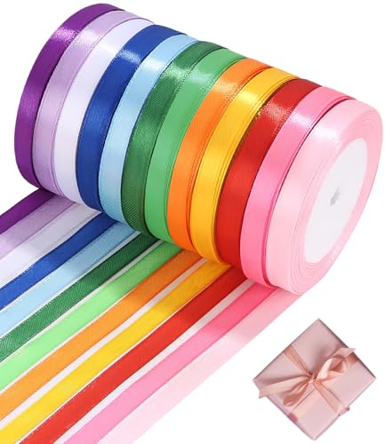 Satinband Bänder 12 Farben 22m X 10mm, Schleifenband Geschenkband Bänder zum Basteln, für Heimwerkerkunst handwerk, Polyester Satinband, Geschenk Verpackung, Schleifen, Hochzeitsdekoration