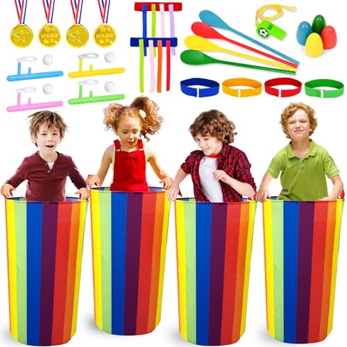 Joellfuner Outdoor Spiele für Kinder, Partyspiele Draußen, Sackhüpfen Säcke, 3 Bein Rennen, Schwanzfangen, Eierlaufen Ballbläser, Medaillen, 5 In 1 Gartenspielzeug, Spielsachen für Draußen ab 5