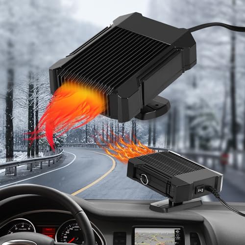 FDKene Auto Heizlüfter, 12V 150W Auto Heizung Tragbare und Ventilator 2 in 1, Zusatzheizung Auto für Windschutzscheibe Entfroster Demister, Einstecken in Zigarettenanzünder 360° Drehbar Autoheizung