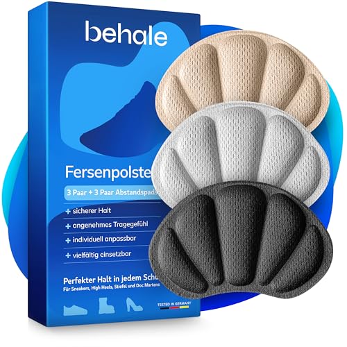 BEHALE Premium Fersenpolster Schuhe mit 3M Kleber – 3 Paar hautfreundliche Anti-Rutsch Einlagen, Fersenschutz & Fersenkissen gegen Blasen inkl. Abstandspads – Schuhe bis 1 Größe verkleinern