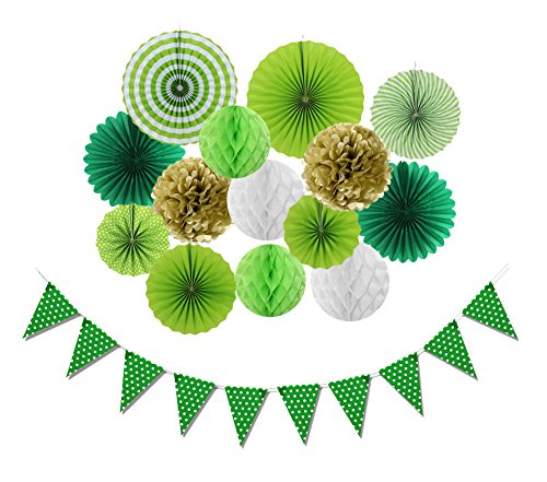 SUNBEAUTY 15 Pcs Papier Party Deko-Set Grün Pompons Girlande Wabenbälle Sommer Frühling Feier Tropische Dekoration für Party Hochzeit Geburtstag