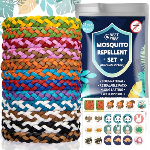 Mückenschutz Armband Set - 12 Stück Mückenarmband + 60 Stück Mückenpflaster, Anti Mücken Sticker für Kinder Erwachsene Camping Zubehör, Reise Travel Gadgets, Urlaub Klassenfahrt Summer Must Haves