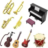 Miniatur Musikinstrumenten Zubehör, 11 Stück Miniatur Instrumente, Puppenhaus Mini Musikinstrument Modell 1:12 Klavier Violine E-Gitarre Trompete Saxophon, Weihnachten Miniatur Musikinstrumenten Set