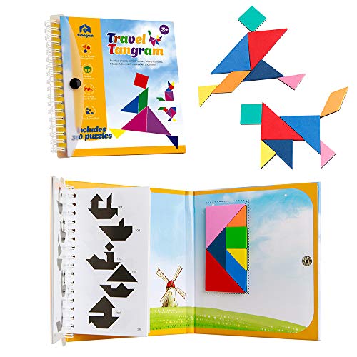 Coogam Magnetische Reise Tangram Puzzles Buch Spiel Tangrams Jigsaw Shapes Dissektion mit Lösung für Kind Erwachsene Urlaub Traveller Tangoes Herausforderung IQ pädagogisches Spielzeug (360 Muster)