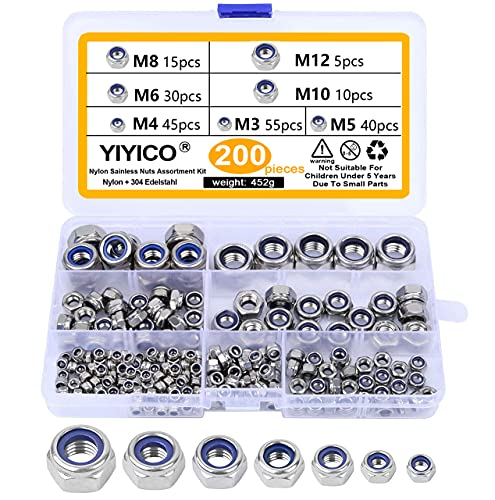 YIYICO Selbstsichernde Muttern Sortiment Sechskantmuttern Sicherungsmuttern 200Stk M3 M4 M5 M6 M8 M10 M12 Kontermuttern Edelstahl Mutter Set