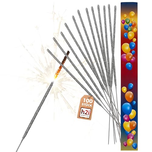 h2i Wunderkerzen | 100 Stück | 28 cm | Brenndauer ca. 60 Sek | Geburtstagskerzen Sprühkerze Spritzkerze Sternenspritzer und Funkenzauber für Party Hochzeit Silvester Geburtstag | Kat F1