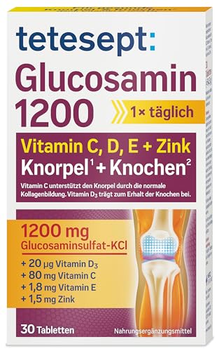 tetesept Glucosamin 1200 - 1 x 30 Tabletten - Ergänzungspräparat mit Glucosamin und hochdosiertem Vitamin D3 & Vitamin C - für gesunde Knochen und Knorpel (Nahrungsergänzungsmittel)