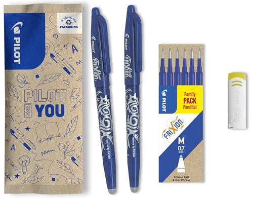 PILOT FriXion Ball 0.7 Set – 2 Stifte/6 Minen/1 Radierer – Farbe Blau – Radierbare Tintenroller 0,4mm Strichstärke, angenehme Schreibführung beim Schreiben, thermosensitive Tinte, austauschbare Mine