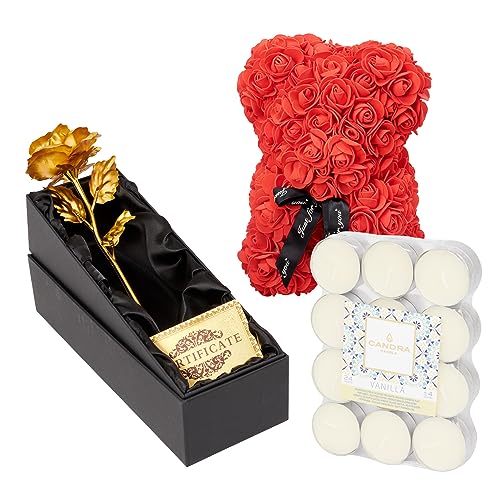 Rosen Bär Mit Goldenen Rose und köstlichen Duftkerzen - Geschenk Für Frau -Romantisches Geschenk - Geburtstag - Romantisches Paket - Liebe - Rose Bear - Geschenk - GreatGift - Valentinstag - Heiraten