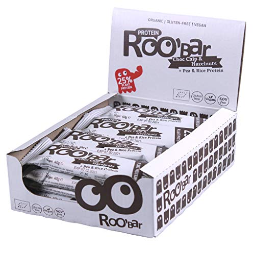 Roobar Protein Schokochip & Haselnuss - 100% Bio, Vegan, Proteinriegel, milchfrei & glutenfrei 16 x 40g Protein-Riegel in einer Box