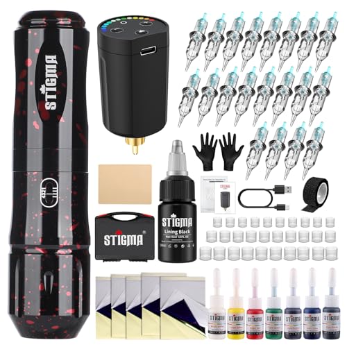 STIGMA Wireless Tattoo Maschine Set Kompletter Rotary Tattoo-Stift mit 20Pcs Tattoo Cartridges Nadeln Batterien 7 Stück Tattoo Tinte für Anfänger und Tätowierer STP89KITP802-2