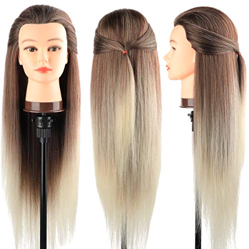 DanseeMeibr Trainingsköpfe 100% von dem Hochtemperaturfaser Haar Hairdressing Cosmetology Mannequin Frisierkopf Übungskopf mit Halterung+ DIY Haare Frisuren Set